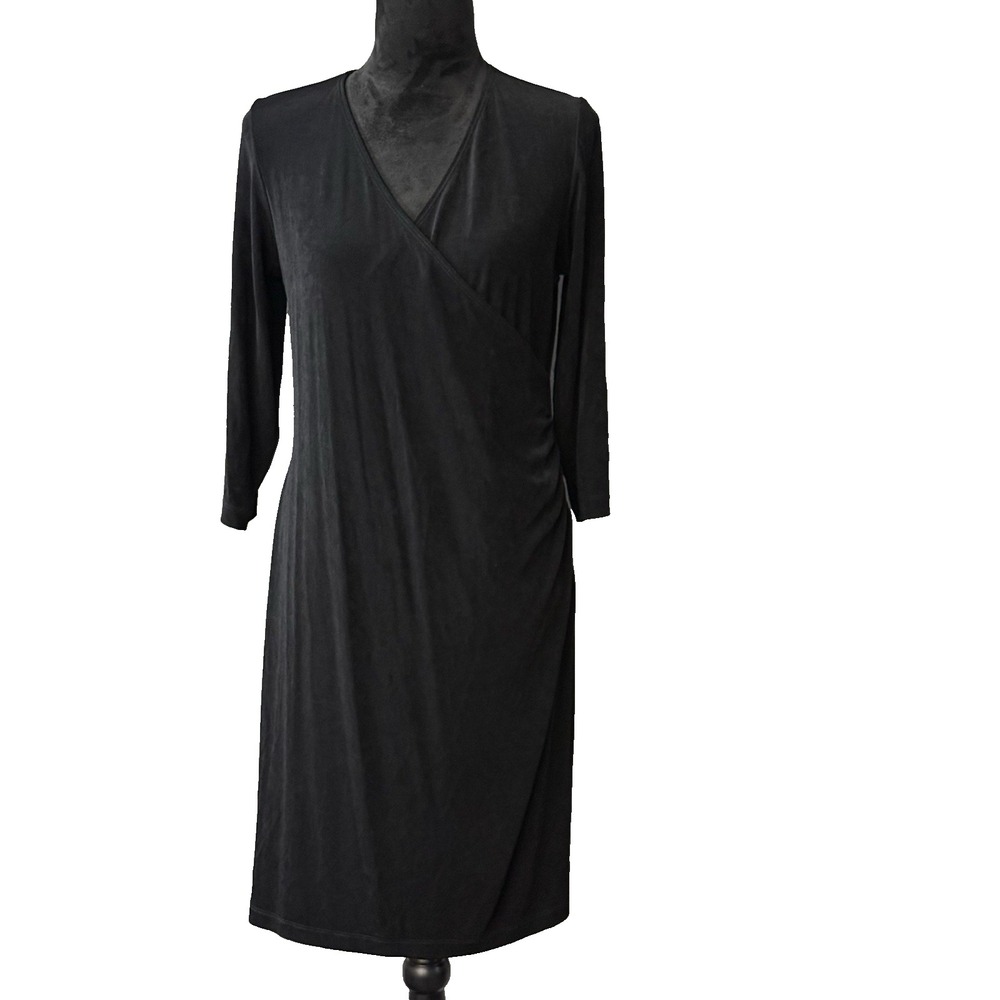 Chicos Travelers‎ Dress Size 1 Large Black Surplice Faux Wrap Ruched 3/4 Sleeve